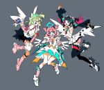  3girls angels_of_delusion aria_(human)_(zenless_zone_zero) aria_(zenless_zone_zero) arm_warmers bag bandaid bandaid_hair_ornament black_hair black_skirt black_thighhighs blue_hair boots bow collared_shirt commentary_request dress fingerless_gloves full_body fur-trimmed_skirt fur-trimmed_sleeves fur_trim gloves green_bow green_eyes green_hair greyscale hair_ornament high_heels leg_warmers looking_at_viewer monochrome multicolored_leg_warmers multiple_girls multiple_thigh_straps nangong_yu necktie open_mouth pink_arm_warmers pink_bag pink_gloves pink_hair pink_leg_warmers red_eyes red_necktie shirt simple_background skirt smile striped_arm_warmers striped_leg_warmers sunna_(zenless_zone_zero) thigh_strap thighhighs two-tone_leg_warmers white_boots white_dress white_shirt white_wings winged_bag wings yanghua_gaizi zenless_zone_zero 