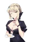 1girl alios_arvin alternate_breast_size_(larger) artoria_pendragon_(fate) black_bow blonde_hair bow braid braided_base breasts bun_with_braided_base cake cake_slice cleavage clothing_cutout commentary dark_persona diamond_cutout facing_viewer fate/grand_order fate/stay_night fate_(series) food hair_bow hair_bun hand_up highres holding holding_cake holding_food holding_plate large_breasts one_eye_closed plate saber_(fate) saber_alter saber_alter_(third_ascension) sidelocks sideways_glance solo swept_bangs upper_body white_background yellow_eyes 