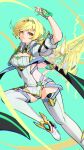  1girl absurdres blonde_hair breasts chest_jewel cleavage clothing_cutout commentary core_crystal_(xenoblade) full_body headpiece highres holding holding_sword holding_weapon large_breasts looking_at_viewer milo_monzon puffy_short_sleeves puffy_sleeves shimmer_(xenoblade) short_hair short_sleeves side_cutout swept_bangs sword thighhighs tiara weapon white_thighhighs xenoblade_chronicles_(series) xenoblade_chronicles_3 yellow_eyes 