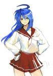  1girl ahoge beauty_mark blue_hair hand_on_hips izumi_konata lucky_star oda_non smile solo 