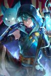  1boy absurdres black_gloves black_hood black_shirt blue_eyes chinese_commentary closed_mouth commentary_request elbow_gloves gloves hair_between_eyes hand_up heterochromia highres jingran_(wuthering_waves) kareko_(xs-1833) lantern looking_at_viewer male_focus shirt smile solo tacet_mark_(wuthering_waves) wuthering_waves yellow_eyes 