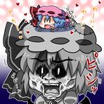  :3 bat_wings blue_hair blush blush_stickers bow chibi commentary fang flailing hat hat_bow heart lying minigirl mob_cap noai_nioshi on_head patch person_on_head remilia_scarlet short_hair sunken_cheeks surprised touhou turn_pale wings |_| 