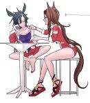  2girls absurdres air_shakur_(umamusume) animal_ears barefoot black_hair brown_hair buruma commentary ear_chain eyewear_on_head feeding full_body highres horse_ears horse_girl horse_tail jacket linked_piercing long_hair looking_at_another looking_to_the_side multicolored_jacket multiple_girls one-piece_swimsuit open_mouth pappi piercing purple_eyes purple_one-piece_swimsuit red-framed_eyewear red_buruma red_jacket red_sandals red_shorts sandals seeking_the_pearl_(umamusume) shorts shoulder_tattoo simple_background sitting stool sunglasses swimsuit table tail tattoo tracen_swimsuit tracen_training_uniform track_jacket two-tone_jacket umamusume unamused white_background white_jacket yellow_eyes 