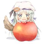  1girl apple ardbf bad_id bad_pixiv_id blue_eyes food fruit hat little_busters! long_hair lowres noumi_kudryavka oversized_food oversized_object silver_hair solo tail 