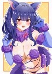  1girl absurdres animal_ears azur_lane breasts commentary commission cosplay elbow_gloves fate/grand_order fate_(series) fur-trimmed_gloves fur-trimmed_legwear fur-trimmed_thighhighs fur_bikini fur_collar fur_trim gloves halloween_costume highres lace-trimmed_thighhighs lace_trim large_breasts long_hair looking_at_viewer mash_kyrielight mash_kyrielight_(dangerous_beast) mash_kyrielight_(dangerous_beast)_(cosplay) navel next_tomountain o-ring o-ring_top pola_(azur_lane) purple_gloves purple_hair purple_tail purple_thighhighs red_eyes revealing_clothes skeb_commission solo tail thighhighs twintails wolf_ears wolf_tail 