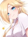  1girl alternate_costume blonde_hair blue_eyes blush breasts closed_mouth commentary earrings highres jewelry large_breasts long_hair looking_at_viewer luma_(mario) mario_(series) rosalina shirt short_sleeves smile solo star_(symbol) star_earrings tomatomiya untranslatable_commentary upper_body white_background white_shirt 