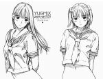  2009 2girls arms_behind_back artist_name bottomless breasts commentary_request graphite_(medium) greyscale hair_ornament hatching_(texture) highres linear_hatching long_hair monochrome multiple_girls navel neckerchief original pom_pom_(clothes) pom_pom_hair_ornament sailor_collar school_uniform serafuku small_breasts traditional_media two_side_up yug_(ekaki) 