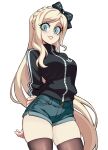  1girl alternate_costume arms_behind_back blonde_hair bow braid breasts brown_thighhighs commentary danganronpa_(series) danganronpa_2:_goodbye_despair denim denim_shorts english_commentary green_eyes grin hair_bow highres jacket large_breasts long_hair parta_228 shorts simple_background smile sonia_nevermind sweater teeth thighhighs zettai_ryouiki 