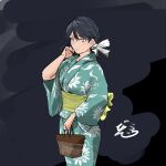  1girl absurdres bag black_hair bow closed_mouth commentary_request cowboy_shot danjou green_eyes green_kimono grey_background hair_between_eyes hair_bow hand_up highres holding holding_bag isuzu_(kancolle) japanese_clothes kantai_collection kimono long_sleeves looking_ahead obi print_kimono sash signature solo wide_sleeves yellow_sash yukata 