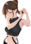  1girl absurdres bare_arms black_shirt blue_eyes breasts brown_hair closed_mouth cohi27151463 commentary_request crop_top cropped_shirt earrings highres holding_own_hair hololive jewelry medium_breasts medium_hair ponytail shirt simple_background sleeveless sleeveless_shirt smile solo star_(symbol) star_earrings stomach tokino_sora virtual_youtuber white_background 