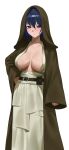  1girl :/ alternate_costume arm_at_side belt belt_pouch black_belt blue_eyes blue_hair breasts brown_cloak brown_dress cloak closed_mouth commentary cosplay dress feet_out_of_frame hair_between_eyes hair_intakes hand_on_own_hip highres hololive hololive_english hood hood_up hooded_cloak large_breasts light_blush long_sleeves looking_at_viewer obi-wan_kenobi obi-wan_kenobi_(cosplay) open_cloak open_clothes ouro_kronii pouch ravennvi short_hair simple_background sleeves_past_wrists solo standing star_wars star_wars:_a_new_hope virtual_youtuber white_background wide_sleeves 