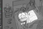  2boys barefoot commentary full-stop_office_(identity)_(project_moon) greyscale heathcliff_(project_moon) high_ponytail hong_lu_(project_moon) indoors intravenous_drip lamp limbus_company long_hair low_ponytail male_focus may_(a_mango_tree) monochrome multiple_boys nightstand pants pillow ponytail project_moon scissors shirt slippers untranslatable_commentary 