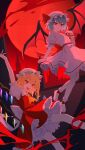  2girls absurdres ascot back_bow bat_wings blonde_hair bloomers blue_hair bow collared_shirt commentary_request crystal crystal_wings flandre_scarlet frilled_shirt_collar frilled_skirt frills full_body full_moon hat hat_ribbon highres looking_at_viewer mob_cap moon multicolored_wings multiple_girls one_side_up open_mouth palulap pink_hat pink_shirt pink_skirt puffy_short_sleeves puffy_sleeves red_bow red_eyes red_moon red_skirt red_vest remilia_scarlet ribbon shirt short_sleeves siblings sisters skirt skirt_set smile touhou vest white_bloomers white_bow white_hat white_shirt wings yellow_ascot 