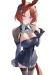  1girl absurdres animal_ears blue_dress blush breasts brown_hair cleavage commentary_request commission cosplay dress flower-shaped_pupils flower_in_eye highres horse_ears horse_girl horse_tail kawai_ritsu_(rits_meg) large_breasts long_sleeves looking_at_viewer parted_lips pink_eyes purple_eyes remielle_dan remielle_dan_(cosplay) sakura_laurel_(umamusume) second-party_source short_hair simple_background skeb_commission solo symbol-shaped_pupils symbol_in_eye tail thighhighs umamusume white_background white_thighhighs zenless_zone_zero 