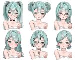  1girl alternate_hairstyle aqua_eyes aqua_hair asymmetrical_hair bilingual_commentary black_choker black_ribbon blunt_bangs blunt_sidelocks bob_cut bow braid center-flap_bangs choker commentary cross_hair_ornament crossed_bangs dot_nose english_commentary glasses hair_between_eyes hair_bow hair_ornament hairclip hatsune_miku hime_cut long_hair looking_at_viewer low_twintails mixed-language_commentary multiple_views nakony neck_ribbon open_mouth parallel_hairclips pink_bow rectangular_eyewear ribbon shirt shirt_bow short_hair short_twintails side_braid sidelocks simple_background spaghetti_strap strap_slip twintails upper_body variations vocaloid white_background white_bow white_shirt 