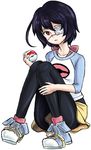  ahoge another black_hair bow cosplay eyepatch knees_together_feet_apart mei_(pokemon) mei_(pokemon)_(cosplay) misaki_mei namesake pantyhose pltrgst poke_ball pokemon pokemon_(game) pokemon_bw2 raglan_sleeves red_eyes shoes short_hair shorts sneakers socks solo 