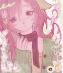  1girl absurdres animal_ears aqua_eyes blush brown_scarf bug butterfly butterfly_hair_ornament buttons commentary ears_down fluttershy green_jacket hair_ornament hairclip highres horse_ears horse_girl jacket looking_to_the_side mi0mk multicolored_nails my_little_pony my_little_pony:_friendship_is_magic parallel_hairclips personification pink_hair rabbit_hair_ornament scarf solo 