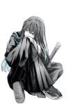  1boy aqua_eyes aqua_hair commentary demon_slayer_uniform highres kimetsu_no_yaiba long_hair male_focus sandals shushu_2025 simple_background solo sword tokitou_muichirou untranslatable_commentary weapon white_background 