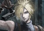  1boy armor blonde_hair blue_eyes blue_sweater brown_gloves buster_sword closed_mouth cloud_strife commentary final_fantasy final_fantasy_vii final_fantasy_vii_remake gloves hair_between_eyes hand_up highres holding holding_sword holding_weapon luilo13t male_focus short_hair shoulder_armor single_bare_shoulder sleeveless sleeveless_turtleneck solo spiked_hair suspenders sweater sword sword_on_back turtleneck turtleneck_sweater upper_body weapon weapon_on_back 
