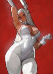  1girl absurdres alternate_costume animal_ears arm_behind_head arm_up armpits ass_visible_through_thighs bare_shoulders boku_no_hero_academia bow bowtie breasts cleavage closed_mouth collar contrapposto covered_abs covered_navel dark-skinned_female dark_skin detached_collar full_cleavage gloves grey_bow grey_bowtie grey_collar hand_up highleg highleg_leotard highres large_breasts leotard long_eyelashes long_hair looking_at_viewer low_neckline mirko pantyhose pantyhose_under_leotard parted_bangs playboy_bunny rabbit_ears rabbit_girl rabbit_tail red_background red_eyes revision simple_background solo strapless tail the_antin thick_thighs thighs toned toned_female very_long_hair white_gloves white_hair white_leotard white_pantyhose wrist_cuffs 