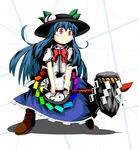  bad_id bad_pixiv_id blue_hair blush_stickers bow cross-laced_footwear food frills fruit hat highres hinanawi_tenshi keystone leaf long_hair long_skirt nesedeo peach red_eyes rock rope short_sleeves skirt solo stance sword sword_of_hisou touhou very_long_hair weapon 