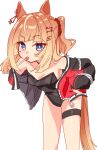  1girl animal_ears bare_shoulders black_leotard blue_eyes blush breasts candy commentary_request espoir_city_(umamusume) food food_in_mouth hair_ornament highres horse_ears horse_girl horse_tail jacket leaning_forward leotard lollipop lollipop_in_mouth long_hair looking_at_viewer morimoritani_36 multicolored_hair one_side_up open_clothes open_jacket orange_hair scrunchie small_breasts solo tail thigh_strap umamusume 