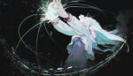  1girl absurdres bare_shoulders black_background bodysuit braid breasts casting_spell commentary_request covered_navel crown_braid cryokinesis elf emilia_(re:zero) flower gem green_gem hair_flower hair_ornament hair_ribbon highres ice ice_crystal leotard long_hair looking_to_the_side magic medium_breasts outstretched_hand pointy_ears powering_up purple_bodysuit purple_ribbon re:zero_kara_hajimeru_isekai_seikatsu red_eyes ribbon rose snowflakes solo stegart underboob white_flower white_hair white_rose x_hair_ornament 