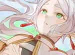  1girl abstract_background aqua_eyes capelet earrings elf frieren grey_hair hair_spread_out jewelry long_hair long_pointy_ears looking_ahead lying middle_part on_back own_hands_clasped own_hands_together parted_bangs parted_lips partially_shaded_face pointy_ears reinooekaki11 sidelocks solo sousou_no_frieren teardrop_earrings thick_eyebrows upper_body white_capelet 