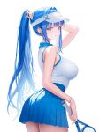  1girl absurdres adjusting_hair arcana_(nikke) bare_shoulders blue_collar blue_hair bracelet breasts collar commentary_request duplicate goddess_of_victory:_nikke hair_intakes high_ponytail highres holding holding_racket jewelry looking_at_viewer pleated_skirt ponytail racket sideboob simple_background skirt sleeveless sportswear standing tennis_uniform twisted_torso visor_cap yamu_(yamu_030) 