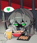 1girl absurdres alcohol artist_name beer black_skin bowl chibi chibi_only chopsticks colored_eyelashes colored_skin commentary cup dated dated_commentary drinking_glass food green_eyes grey_hair grey_kimono heart highres holding holding_chopsticks japanese_clothes katana kimono kuroyurihime_(munji412) long_hair long_sleeves munji412 no_nose noodles open_mouth original ramen signature solo speech_bubble spoken_heart steam sword tray triangle_mouth twitter_username untranslatable_commentary weapon white_eyelashes 