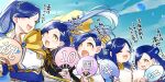  +_+ 5girls black_dress blue_dress blue_hair blue_sky book braid cape celebration closed_eyes cloud cloudy_sky commentary_request day dress drooling eighth_note flower hair_bun hair_flower hair_ornament hand_fan highres holding holding_book holding_fan honzuki_no_gekokujou jewelry leaning_forward long_hair looking_at_another looking_back multiple_girls multiple_persona musical_note myne_(honzuki_no_gekokujou) open_mouth outdoors own_hands_together paper_fan partial_commentary petals ponytail ring san+ sky smile smug sparkle time_paradox translated twitter_username two-tone_dress very_long_hair white_dress wind yellow_cape yellow_eyes 