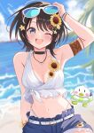  1girl absurdres beach black_hair blue_eyes blue_sky blush breasts cloud commentary_request day hand_in_pocket hat highres hololive horizon looking_at_viewer navel ocean oozora_subaru oozora_subaru_(vibrant_sun_splash!) open_mouth outdoors pon47606461 sand short_hair sky smile solo virtual_youtuber water 