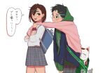  1boy 2girls alien ayase_momo backpack bag black_hair blue_jacket blush brown_eyes brown_hair charm_(object) checkered_clothes checkered_skirt closed_mouth clothes_on_shoulders commentary cowboy_shot crossed_bangs dandadan earrings from_side glasses gold_earrings green_hoodie grey_skirt gyaru hair_between_eyes hair_ornament hairclip hetero highres holding_sweater hood hoodie hoop_earrings j8s9x60873 jacket jewelry looking_at_another maneki-neko miniskirt multiple_girls official_alternate_costume open_clothes open_jacket open_mouth pink_sweater pleated_skirt red_scrunchie round_eyewear school_bag school_uniform scrunchie shirt short_hair shoulder_bag simple_background skirt smile speech_bubble sweater takakura_ken_(dandadan) translated turbo_granny_(dandadan) ufo white_background white_shirt wrist_scrunchie 