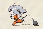  1girl ahoge ball_and_chain_restraint blue_eyes blue_gloves chain chibi cuffs from_side general_geega general_geega_(criminal) gloves grey_hair handcuffs indie_virtual_youtuber jumpsuit just_will orange_jumpsuit pointy_ears ponytail prison_clothes running torn_clothes virtual_youtuber 