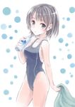  bad_id bad_pixiv_id bare_shoulders black_eyes black_hair blush bottle breasts cameltoe cleavage competition_swimsuit fujita_hidetoshi groin highleg highleg_swimsuit looking_at_viewer medium_breasts one-piece_swimsuit original school_swimsuit short_hair simple_background solo swimsuit towel 