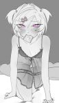  1girl aegyo_sal all_fours babydoll bare_shoulders bed_sheet blush bob_cut bow_babydoll breasts cleavage closed_mouth collarbone commentary commission condom condom_in_mouth condom_wrapper crawling doki_doki_literature_club embarrassed english_commentary exspiravitbag eyelashes facing_viewer fang flying_sweatdrops frilled_babydoll frilled_garter garter_straps grey_background greyscale groin hair_between_eyes hair_intakes hair_ornament hair_ribbon heart heart-shaped_pillow light_smile looking_at_viewer monochrome motion_lines mouth_hold narrowed_eyes natsuki_(doki_doki_literature_club) naughty_face navel nervous nervous_sweating no_panties nose_blush on_bed pillow pink_eyes raised_eyebrows ribbon see-through_clothes short_hair simple_background skin_fang slit_pupils small_breasts solo spaghetti_strap spot_color sweat swept_bangs two_side_up x_hair_ornament 