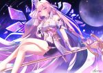  1girl absurdres ass bare_shoulders black_shorts breasts chocola_s commentary corset crossed_legs crystal_shards diamond-shaped_pupils diamond_(shape) elysia_(herrscher_of_human:_ego)_(honkai_impact) elysia_(honkai_impact) full_moon gloves hair_ornament hand_on_own_chest highres honkai_(series) honkai_impact_3rd large_breasts long_hair looking_at_viewer moon multicolored_hair pink_hair purple_eyes short_shorts shorts sky smile solo staff_riding star_(sky) starry_sky symbol-shaped_pupils triquetra two-tone_hair very_long_hair white_corset white_gloves white_hair 