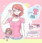  1girl :3 ;3 absurdres adjusting_eyewear alternate_costume bare_arms blush breasts brown_eyes brown_hair buttons chibi chibi_inset choker cleavage closed_mouth collarbone commentary_request denim earrings flipped_hair frilled_shirt frilled_skirt frilled_sleeves frills glasses grey_skirt heart heart_choker highres jewelry looking_at_viewer medium_breasts medium_hair miniskirt multiple_views one_eye_closed parted_lips persona persona_3 pink-tinted_eyewear pink_shirt pink_shoes polka_dot polka_dot_background puffy_short_sleeves puffy_sleeves semi-rimless_eyewear shirt shoes short_sleeves skirt smile star_(symbol) swept_bangs takeba_yukari tinted_eyewear under-rim_eyewear upper_body yoshio_aa06 