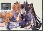  2girls animal_ears art_program_in_frame bandaid bandaid_on_face bandaid_on_nose between_legs black_hair blush commentary eye_contact frilled_skirt frills girl_on_top hand_on_own_face horse_ears horse_girl horse_tail imminent_kiss kkoricat long_hair looking_at_another lying mayano_top_gun_(umamusume) mouth_hold multiple_girls narita_brian_(umamusume) on_stomach orange_eyes orange_hair pleated_skirt ponytail puffy_short_sleeves puffy_sleeves purple_shirt rope school_uniform sharing shimenawa shirt short_sleeves skirt stalk_in_mouth tail tracen_school_uniform umamusume white_skirt yuri 