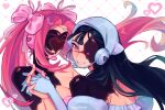  2girls absurdres alien_stage bandana black_hair bow english_commentary gloves hair_bow headset heart highres holding_hands jujih long_hair microphone mizi_(alien_stage) mizi_(zombie_stage) multiple_girls pink_bow pink_hair purple_eyes signature smile sua_(alien_stage) sua_(zombie_stage) twintails white_bandana white_gloves zombie_stage 