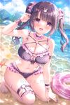  1girl :d arm_up bare_shoulders barefoot beach bikini black_bikini black_nails blue_sky blush breasts brown_hair cloud cloudy_sky commentary_request day frilled_bikini frills highres innertube kouta. large_breasts long_hair mountain nail_polish navel original outdoors polka_dot polka_dot_bikini red_eyes sand sky smile solo swim_ring swimsuit twintails twitter_username water wrist_cuffs 