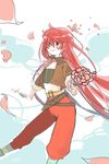  1girl alfa_system belt blush coat flat_chest flower gun iria_animi long_hair lowres midriff pants petals red_eyes red_hair scarf shoes smiile smile socks tales_of_(series) tales_of_innocence very_long_hair weapon 