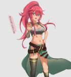  :o absurdres aged_up alternate_costume asymmetrical_legwear bandaged_arm bandages bare_shoulders belt blush braid breasts cleavage clenched_hand crown_braid dark-skinned_female dark_skin demons_roots demons_roots_(series) floating_clothes gladiator grey_background hair_tie hand_on_own_hip high_ponytail highres kalinka_(demonsroots) large_breasts long_hair looking_at_viewer multiple_belts navel pink_hair ponytail purple_eyes sidelocks socks solo standing stomach tank_top thighhighs thighs toned toned_female translated uof waist_cape 