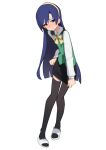  1girl black_skirt black_thighhighs blue_hair blunt_ends bow bowtie brown_eyes closed_mouth collared_shirt cosplay full_body green_vest hairband highres idolmaster idolmaster_(classic) kisaragi_chihaya leaning_forward light_blush long_hair long_sleeves miniskirt otonashi_kotori otonashi_kotori_(cosplay) pencil_skirt raised_inner_eyebrows sandals shirt simple_background skirt soayo solo standing thighhighs vest white_background white_sandals white_shirt yellow_bow yellow_bowtie yellow_hairband 
