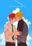  2boys ahoge aqua_streaks belt belt_buckle black_pants black_shirt blonde_hair blue_sky blue_streaks blush brown_belt buckle choppy_bangs closed_eyes cloud collared_shirt commentary contrail cowboy_shot curtained_hair english_commentary english_text fingernails forehead-to-forehead green_necktie grey_belt grey_vest grid_print hair_between_eyes hand_on_another's_arm hands_on_another's_arms heads_together highres hypnosis_mic imminent_kiss izanami_hifumi kannonzaka_doppo lyrics male_focus multicolored_hair multiple_boys natalia_baldina necktie outdoors pants parted_lips pinstripe_pattern pinstripe_shirt print_necktie shirt shirt_tucked_in short_hair sky sleeves_rolled_up smile song_name streaked_hair vest waistcoat white_shirt yaoi 