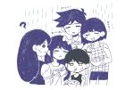 2girls 3boys ? antenna_hair aubrey_(headspace)_(omori) aubrey_(omori) basil_(headspace)_(omori) basil_(omori) black_theme bow bowl brother_and_sister brothers closed_eyes closed_mouth collared_shirt commentary_request double-parted_bangs eating hair_behind_ear hair_between_eyes hair_bow hero_(headspace)_(omori) hero_(omori) highres holding holding_bowl holding_spoon kel_(headspace)_(omori) kel_(omori) long_hair mari_(headspace)_(omori) mari_(omori) multiple_boys multiple_girls multiple_monochrome omori omori_(omori) parted_lips purple_theme shirotsume_143 shirt short_sleeves shorts siblings sidelocks spoon tank_top translation_request utensil_in_mouth 