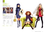  :d absurdres annindoufu_(oicon) armchair bag bangs blue_hair blunt_bangs blush boots brown_eyes brown_hair chair checkered copyright_name dress fashion gloves green_eyes hair_tousle hairband high_heels highres idolmaster idolmaster_(classic) kisaragi_chihaya long_hair looking_at_viewer multiple_girls official_art open_mouth pantyhose red_dress shijou_takane short_hair silver_hair simple_background sitting smile takatsuki_yayoi translation_request white_background 