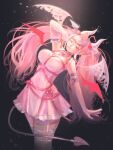  1girl absurdres ahoge breasts cleavage demon_girl demon_horns demon_tail demon_wings dress hair_ornament head_wings heart heart_ahoge heart_hair_ornament highres horns ironmouse ironmouse_(demon_form) jean_faymas_(artist) long_hair looking_at_viewer multicolored_hair pink_hair pointy_ears purple_hair red_eyes solo streaked_hair tail thighhighs twintails virtual_youtuber vshojo white_horns white_thighhighs wings 
