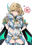  1girl blonde_hair breasts cleavage clothing_cutout commentary_request core_crystal_(xenoblade) highres hood hoodie large_breasts looking_at_viewer micro_shorts puffy_short_sleeves puffy_sleeves shimmer_(xenoblade) short_hair short_sleeves shorts side_cutout skindentation smile sofusan1526 thighhighs tiara upper_body white_thighhighs xenoblade_chronicles_(series) xenoblade_chronicles_3 yellow_eyes 
