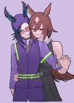  2girls absurdres air_shakur_(mag!c_number)_(umamusume) air_shakur_(umamusume) beanie black-framed_eyewear black_dress black_hair blush brown_hair chain chain_necklace closed_mouth collared_shirt commentary cowboy_shot dress grin hat headphones_for_animal_ears highres holding_hands jewelry long_hair long_sleeves looking_at_viewer multiple_girls necklace pants pappi pink-tinted_eyewear purple_background purple_pants purple_shirt purple_vest red_eyes ring shirt simple_background sirius_symboli_(enchainment)_(umamusume) sirius_symboli_(umamusume) sleeveless sleeveless_dress smile sunglasses tinted_eyewear umamusume vest yellow_eyes 